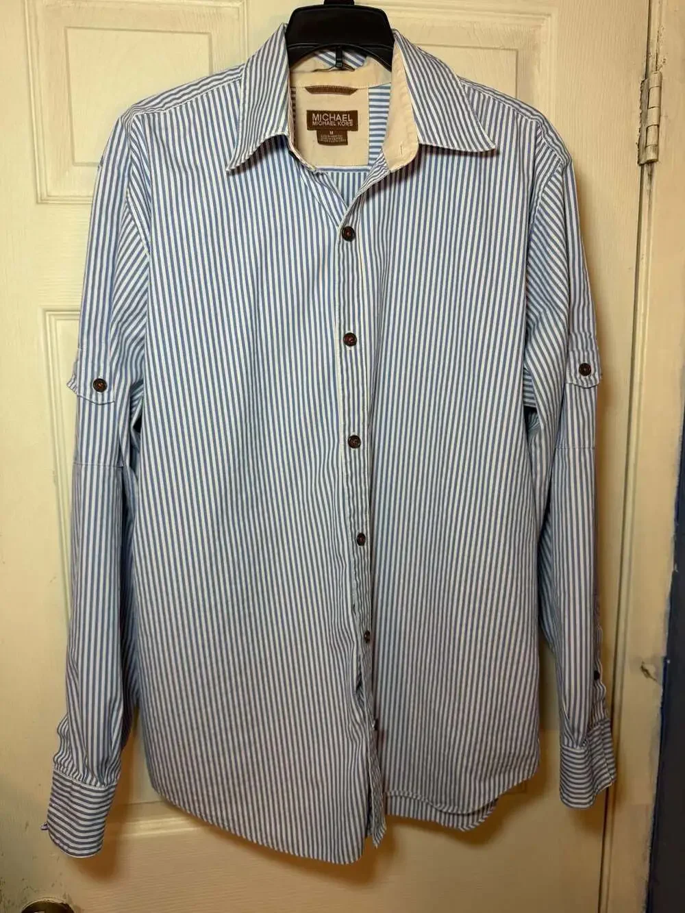 Michael Kors Women's Blue and White Striped Long Sleeve Roll-Tab Button-Down Shi
